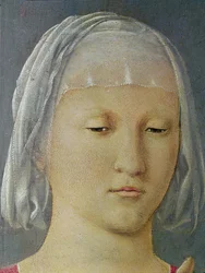 Die Jungfrau und das Kind zwischen zwei Engeln, bekannt als Madonna von Senigallia (Detail) des Kopfes der Jungfrau
